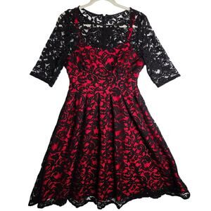 Adriana Papell Sz8 EU40 WhimsyGoth Red n Black lace allover‎ fit n flare Dress